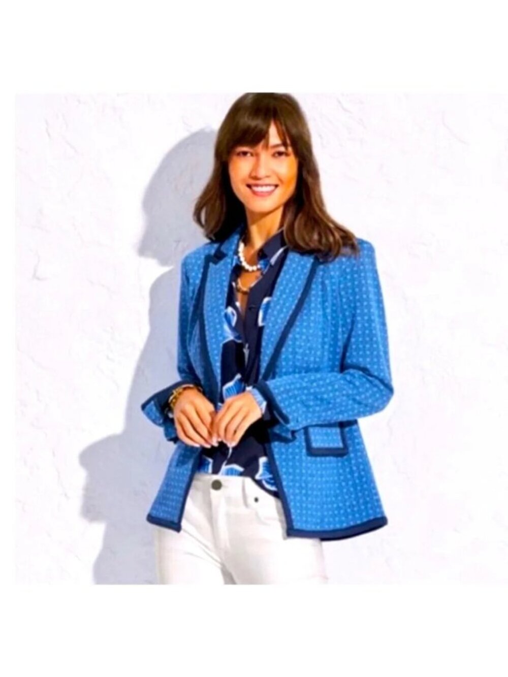 CABI Scholarship Blazer Single Button Blue Jacquard Ponte Knit #6027 Sz L EUC